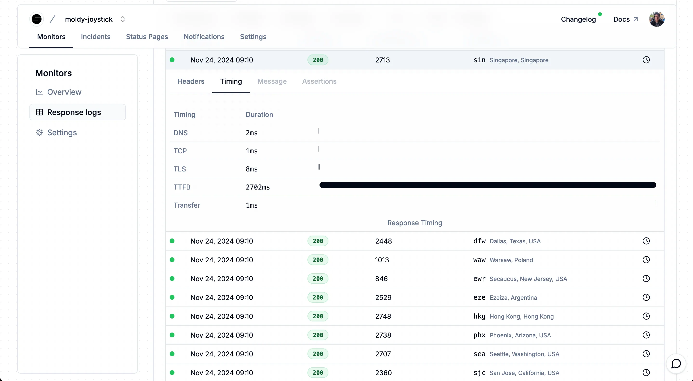 openstatus response log timing